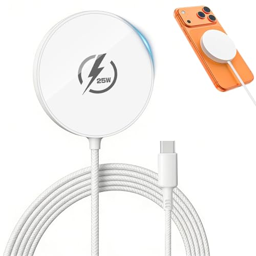 MagSafe充電器 【Qi2認証 】 25W高速充電 マグネット式 マグセーフ充電器 Qi2.2 25W超高効率 ワイヤレス充電 Phone 17/16シリーズ iOS 26 以降対応 Androidスマートフォン&AirPods対応 出張·旅行·オフィスに最適 白の外観・全体像 画像