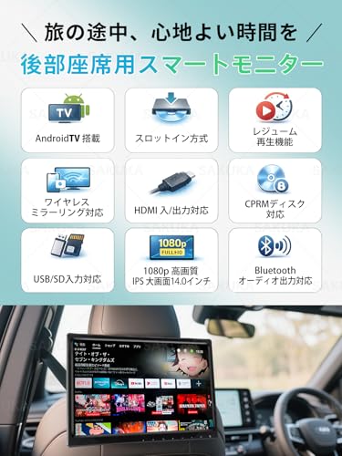【DVD+Android TV】公式 SAKUKA ヘッドレストモニター 14 インチ DVDプレイヤー Android TV 搭載 APP HDMI入出力 Bluetooth リア 後部座席 車 モニター CPRM 対応 IPS AV/USB/SD入力 一年保証 日本語説明書付きGMS認証済み（14DVDATV）の特徴・詳細 画像