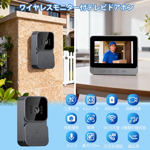 ZAIDER インターホン ワイヤレス 工事不要 ドアホン テレビドアホン カメラ付き 【双方向通話/自動録画】 赤外線LED 暗視撮影 2.4Ghz無線 WI-FI不要 玄関チャイム USB充電 超広角 防犯カメラ 日本語説明書の詳細・まとめ 画像