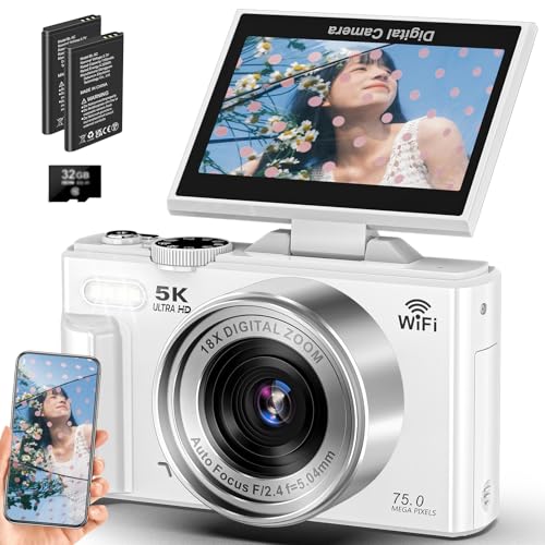 デジタルカメラ 5K録画 7500万画素 スマホに送れる デジカメ Wi-Fi機能 オートフォーカス 自撮り 18倍デジタルズーム 連続撮影 180度回転可能ディスプレイ 3.0インチスクリーン 32GBマイクロSDカード付き 1200mAh電池 軽量 携帯便利 小型 Vlog 学生 初心者 修学旅行 コンパクト カメラ ホワイト 1