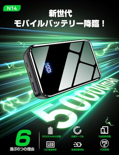 モバイルバッテリー 50000mAh大容量【22.5W急速充電×5台同時充電】モバイルバッテリー 軽量 小型 4本ケーブル内蔵 LED残量表示 Type-C入出力ポート&USB-A出力ポート PSE認証済み・安全回路保護 モバイルバッテリー タイプc スマホ充電器 持ち運び便利 iPhone&Android対応 旅行/出張/アウトドア/緊急防災の詳細・まとめ 画像