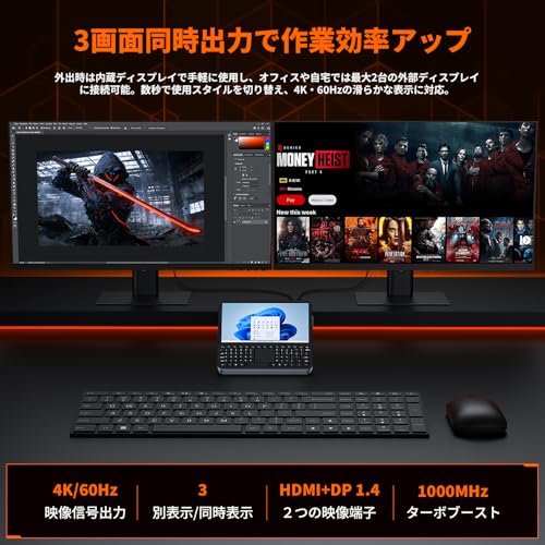 ミニpc ディスプレイ付き【Intel N150搭載】8GB DDR4+256GB SSD キーボード付き NVMe拡張対応 mini pc 4K×2画面出力・HDMI/DP/Type-C・Win11 Pro ミニパソコン 自動調整冷却ファン WIFI6/BT5.2 高速LANポート付き 小型pc USB3.0×2 36WPD充電 超小型 高性能 デスクトップpc 企業用/業務用/在宅用に最適の特徴・詳細 画像