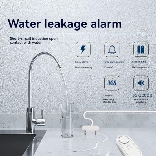 QAWIHTFURD リモートコントロール水漏れセンサー検出器 120DB ホームアラーム 水漏れアラーム 洪水警報 オーバーフロー保護の特徴・詳細 画像