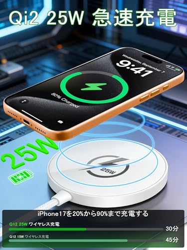 MagSafe充電器 【Qi2認証 】 25W高速充電 マグネット式 マグセーフ充電器 Qi2.2 25W超高効率 ワイヤレス充電 Phone 17/16シリーズ iOS 26 以降対応 Androidスマートフォン&AirPods対応 出張·旅行·オフィスに最適 白の詳細・まとめ 画像
