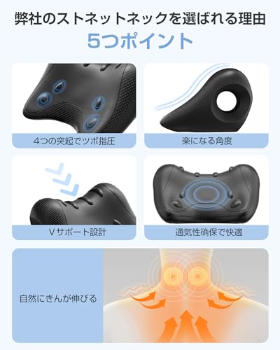 首 ストレッチ 首枕 ネックピロー【自宅でたった8分・高通気性・Vサポーター設計】 3D曲面 8つ指圧 首 肩 肩甲骨 を伸ばす 枕 首用 肩用 健康器具 軽量 小型 ネックリラックスピロー 肩周りリラックスの特徴・詳細 画像