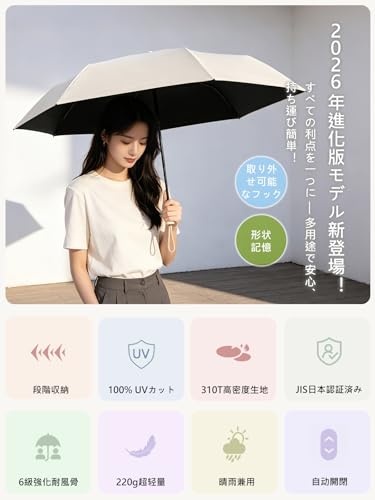 日傘 おりたたみ傘 【形状記憶・2026業界初!取り外し可能なフック・段階収納・JIS認証 UVカット 100 遮光】3秒で折りたたみ傘 軽量220g 晴雨兼用 折り畳み傘 完全遮光 折りたたみ日傘 飛び出し防止 ワンタッチ自動開閉 umbrella【310T高密度生地 反射冷却素材採用 UPF50+ 紫外線遮断 遮熱 涼感設計 耐風撥水】航空機用アルミ合金・強化耐風骨 日焼け防止 暑さ対策 熱中症対策 コンパクト おしゃれ 携帯便利 レディース/メンズ/ガールズ/ガールズ/子供/大人兼用 母の日 父の日 お祝い 誕生日プレゼント ビジネス/旅行 収納ポーチ付き 1年品質保証の詳細・まとめ 画像
