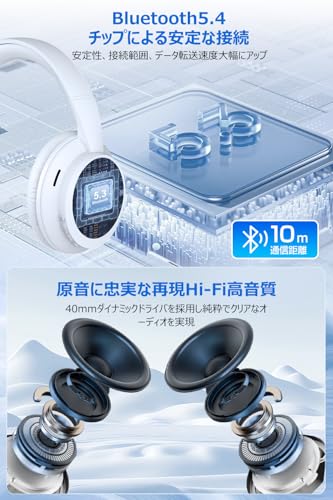 ヘッドホン Bluetooth ワイヤレスヘッドホン 有線 無線 両用 Bluetooth5.4 低遅延 HIFI高音质 ヘッドフォン 最大60時間連続再生 オーバーイヤー ステレオヘッドホン 2台同時接続可 密閉型 音漏れ防止 折り畳み可能 マルチポイント 音量調整可 Type-C 急速充電 TELEC認証 男女兼用/音楽/映画 高級ホワイトの特徴・詳細 画像