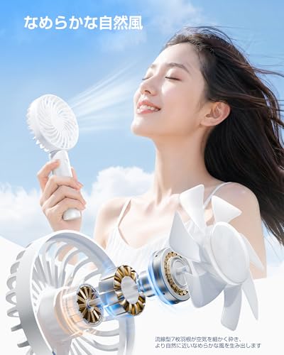ハンディファン 携帯扇風機【2026革新モデル・超大風量・1台2役】手持ち/卓上 2way 7枚羽根 強力 軽量 小型 静音 3段階風量調節 USB充電式 Type-C対応 手持ち扇風機 ミニファン 熱中症対策 暑さ対策 ストラップ付き 持ち運び便利 通勤 通学 アウトドア オフィス ハイキング プレゼント(ホワイト)の特徴・詳細 画像