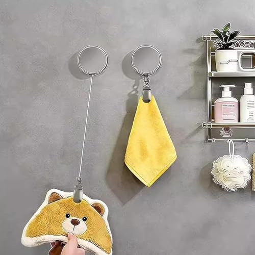 伸縮タオルクリップ | 自動リバウンドタオルフック | 60cm 伸縮ロープ付き，壁掛け 粘着式 吸盤不要 省スペース ・ キャンピングカー、アパート、バスルーム、洗面所、トイレ、クローゼットの内部や台所周りなど、家中のあらゆる場所や収納スペース、シーンの特徴・詳細 画像