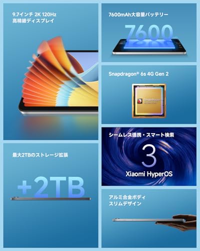 シャオミ(Xiaomi) REDMI Pad 2 9.7 タブレット 4GB+64GB シルバー wi-fiモデル 9.7インチ 2K 120Hzリフレッシュレート 7600mAh大容量バッテリー Snapdragon 6s 4G Gen 2 2TBまでmicroSDカード拡張 Xiaomi HyperOS 3搭載 軽量 エンターテインメント 子供用にも 日本語版の詳細・まとめ 画像