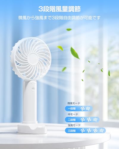 ハンディファン 携帯扇風機【2026革新モデル・超大風量・1台2役】手持ち/卓上 2way 7枚羽根 強力 軽量 小型 静音 3段階風量調節 USB充電式 Type-C対応 手持ち扇風機 ミニファン 熱中症対策 暑さ対策 ストラップ付き 持ち運び便利 通勤 通学 アウトドア オフィス ハイキング プレゼント(ホワイト)の特徴・詳細 画像