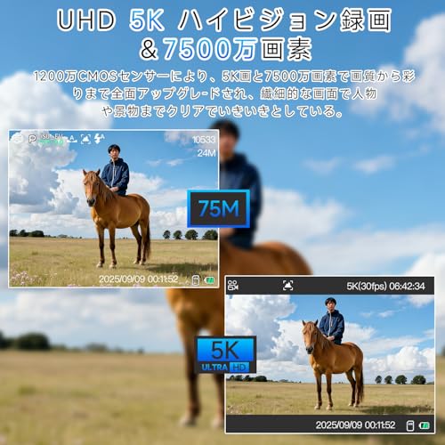 Fesaymi デジカメ 5K 7500万画素 デジタルカメラ 180度回転可能スクリーン 2.8インチスクリーン 18倍デジタルズーム オートフォーカス 32GB U3高速Micro SDカード付き 近接撮影 定時撮影 内蔵フラッシュ 自撮り ウェブカメラ コンパクトVLOG 軽量 携帯便利 初心者向け 卒業式 旅行の詳細・まとめ 画像