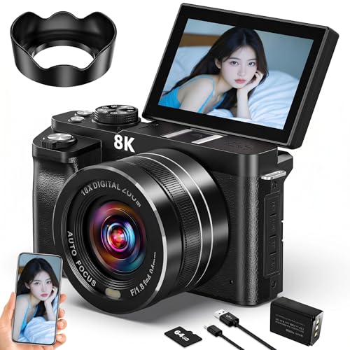 デジカメ 8K 8800万画素 一眼レフカメラ WIFI転送機能 スマホに送れる デジタルカメラ 18Xデジタルズーム AFオートフォーカス ウェブカメラ LEDライト180度回転 3.0インチ IPS スクリーン 自撮り 64GB Micro SDカード付き 2500mAH 大容量 バッテリー 付き 操作簡単 学生や初心者向けの外観・全体像 画像