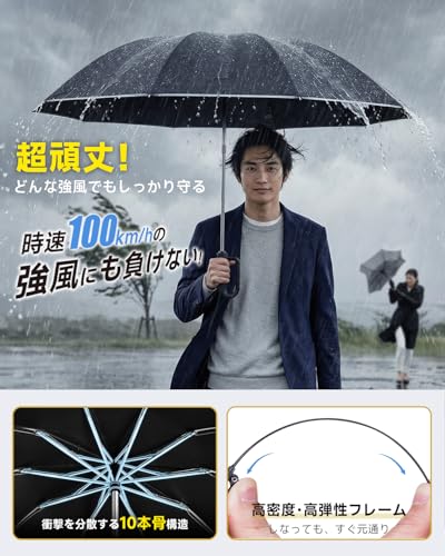 折りたたみ傘 HAGOOGI【逆戻り防止 丈夫10本骨】 ワンタッチ自動開閉 逆折り式 耐風 【超撥水 高密度310T生地】 傘 反射テープ 大きいサイズ テフロン加工 コンパクト おりたたみ 梅雨対策 豪雨 台風対応 遮熱 カラビナ設計 軽量 晴雨兼用 メンズ レディース プレゼント 収納ケース付き (くすみグリーン)の特徴・詳細 画像