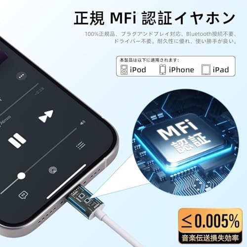 iPhone イヤホン 有線 【2026年新型 MFi 認証製品】 ライトニング イヤホン 純正 HiFi音質 音量調整 通話可能 小型軽量 iPhone14/13/12/11/iPad/iPad Pro デバイスに対応の特徴・詳細 画像