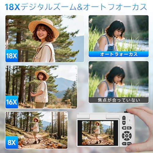 Fesaymi デジカメ 5K 7500万画素 デジタルカメラ 180度回転可能スクリーン 2.8インチスクリーン 18倍デジタルズーム オートフォーカス 32GB U3高速Micro SDカード付き 近接撮影 定時撮影 内蔵フラッシュ 自撮り ウェブカメラ コンパクトVLOG 軽量 携帯便利 初心者向け 卒業式 旅行の特徴・詳細 画像