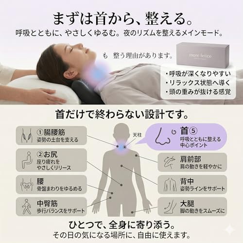 首 肩 肩甲骨 を伸ばす 枕 首用 肩用 健康器具 首まくら ネックリラックスピロー ギフト 敬老の日 プレゼント 誕生日 記録シート＆動画付【more felice公式｜ヨガインストラクター＆ベストボディJAPANチャンピオン監修】の特徴・詳細 画像