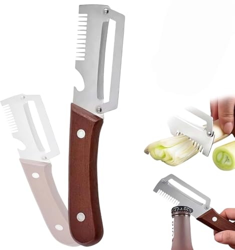 キッチン用ピーラー 千切りスライス可能 3in1 多機能野菜ピーラー 皮むき器 栓抜き兼用 千切りスライス可能 ステンレス製刃 木製グリップ 滑り止め設計 キッチン調理道具 野菜果物対応 お手入れ簡単 ブラウン (1, ブラウン) 1