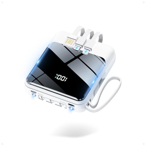 モバイルバッテリー 大容量 30000mAh 【22.5W/20W急速充電 4本ケーブル内蔵】 209g超軽量 小型 バッテリー 5台同時充電 Type-C出力 スマホ 充電器 LCD残量表示 LEDライト付き ストラップ付き 持ち運び 携帯充電器 停電対策 アウトドア/旅行/出張/防災/緊急用 iOS/Android各種他対応 機内持込可 (高級白い)の外観・全体像 画像