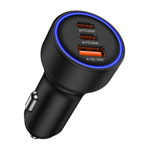 72W 急速充電 カーチャージャー USB-C 3ポート PD36W/QC36W USB シガーソケット 車載充電器 12V/24V対応 コンパクト LEDライト搭載 タイプC シガーUSB 車 充電器車用 iPhone 17/16/15/Android/iPad対応の外観・全体像 画像