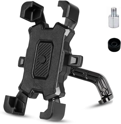 バイク用スマホホルダー、自転車用スマホホルダー、バックミラーマウント。揺れ防止・落下防止機能付きスマートホルダー。自転車やバイクに最適です。「ワンボタン自動ロック」、「片手操作」、「10秒取り付け」、「360度回転」、「落下防止」、「強力な保護」、「耐久性」、「簡単な取り付け」などの機能を備えています。4.5~7インチのバックミラーに対応しています。の外観・全体像 画像