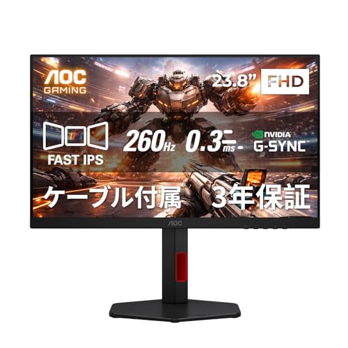 【Amazon.co.jp 限定】AOC ゲーミングモニター 23.8インチ, フルHD/1920×1080@260Hz, 応答速度0.3ms(MPRT), FastIPS, HDMI2.0 x 2/ DP1.4x1, 高さ調節, 縦横回転, G-Sync Compatible対応, HDR10対応, Delta E<2, ゲームアシスト機能充実, 3年保証, 国内正規品 24G4ZR/11 1