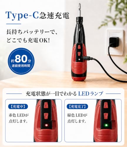 電動ドライバー 小型 電動どらいばー Type-C充電式 正逆転切替&電動・手動兼用 高輝 LEDライト搭載 合金製 ビット 26本付 女性にも使いやすいの特徴・詳細 画像