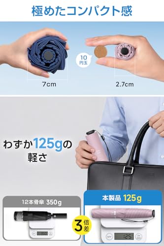 折りたたみ傘 軽量 125g 【日本製東麗カーボン・ドイツ賞・3つ国際特許】 おりたたみ傘 大きいサイズ 日傘 レディース メンズ 折りたたみ傘 晴雨兼用 2.7cm超極細 傘下直径100cm 8級耐風 5級超撥水 完全遮光 UVカット 梅雨対策 豪雨 台風対応 収納ケース付き (ブラック)の特徴・詳細 画像