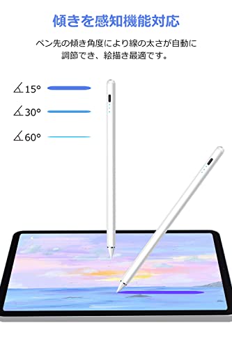 タッチペン iPad専用 ペン 【2026年新登場・15分急速充電】 スタイラスペン 極細ペン先 超高感度 傾き感知 誤作動防止 磁気吸着対応 USB-C充電式 約8時間使用可能 タブレットペン 2018年以降 iPad/iPad Pro/iPad Air/iPad mini対応 交換用ペン先3個付き (ホワイト)の特徴・詳細 画像