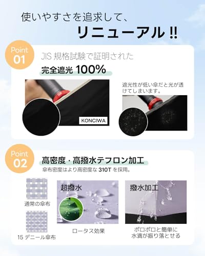 konciwa 日傘 軽量 189g-199g UVカット率 100% 完全遮光 遮熱 反射冷却素材採用 ワンタッチ自動開閉 折りたたみ傘 コンパクト 紫外線遮断 耐風撥水 晴雨兼用 携帯便利 メンズ レディース 母の日 父の日の特徴・詳細 画像