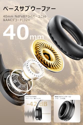 【2026最新のBluetooth5.4】ヘッドホン bluetooth ワイヤレスヘッドホン ANCノイズキャンセリング 最大60時間再生 3EQモード オーバーイヤーヘッドホン 有線無線両用 マイク内蔵 3.5mmケーブル付き 通話対応 IPX7防水 装着が快適で軽量/防漏音/折りたたみ可能です/ゲーム/テレワーク/通学通勤/スポーツ/音楽用iPhone/Android対応(高級黒)の特徴・詳細 画像