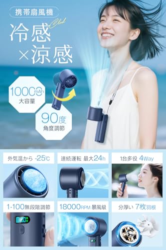 携帯扇風機 超高速暴風 【-25℃瞬間冷却・10000mAh大容量】 ハンディファン 冷却プレート付き 100段階風力調節 手持ち/首掛け/卓上/吊り下げ4way 7枚羽根 強力 USB充電式 手持ち扇風機 24時間持続 90°角度調整 ネックストラップ付き LED残量表示 軽量 小型 ミニファン 熱中症対策 暑さ対策 コンパクト 静音 アウトドア オフィス 父の日 ギフト (ネイビー)の詳細・まとめ 画像