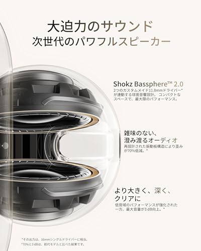 SHOKZ OpenDots 2 イヤーカフ ワイヤレスイヤホン オープンイヤー イヤホン アップグレードされたDolby Audio 最大40時間再生 Bluetooth 6.1 IP57防塵防水 AIノイズリダクション通話 音漏れ抑制 ソフトシリコーン素材 EQカスタマイズ タップ・つまみ操作 仕事/スポーツ向け ワイヤレス充電対応 マルチポイント接続 左右の区別なし シルキーブラックの特徴・詳細 画像