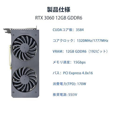 ELSA NVIDIA GeForce RTX 3060 12GB GDDR6 グラフィックボード、LHRモデル、2スロット設計、DLSS、PCI Express 4.0、HDMI 2.1、DisplayPort 1.4a、GD3060-12GEBSH、1年間の保証(整備済み品)の特徴・詳細 画像