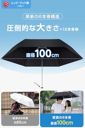 折りたたみ傘 軽量 125g 【日本製東麗カーボン・ドイツ賞・3つ国際特許】 おりたたみ傘 大きいサイズ 日傘 レディース メンズ 折りたたみ傘 晴雨兼用 2.7cm超極細 傘下直径100cm 8級耐風 5級超撥水 完全遮光 UVカット 梅雨対策 豪雨 台風対応 収納ケース付き (ブラック)の特徴・詳細 画像
