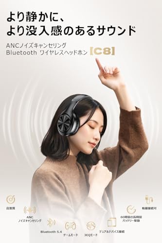 【2026最新のBluetooth5.4】ヘッドホン bluetooth ワイヤレスヘッドホン ANCノイズキャンセリング 最大60時間再生 3EQモード オーバーイヤーヘッドホン 有線無線両用 マイク内蔵 3.5mmケーブル付き 通話対応 IPX7防水 装着が快適で軽量/防漏音/折りたたみ可能です/ゲーム/テレワーク/通学通勤/スポーツ/音楽用iPhone/Android対応(高級黒)の詳細・まとめ 画像
