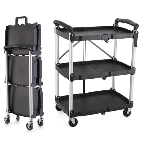 ツールワゴン キャスター付き 3段 折りたたみ 総耐荷重60kg キャビネット ツールボックス 工具 棚 キッチンワゴン キャリーワゴン 収納 カート 配膳 作業台 撮影機材 台車 大型 ラック 掃除用 現場用 移動棚の外観・全体像 画像