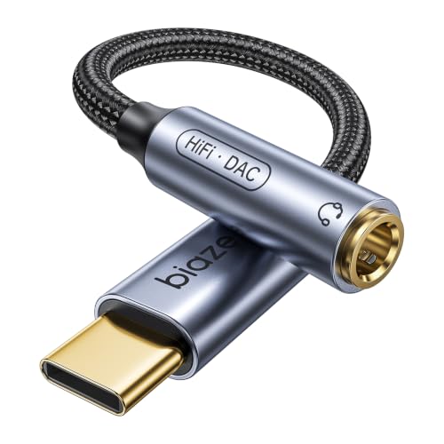 Biaze USB C イヤホンジャック 変換アダプター Type-C 3.5mm オーディオ変換 DAC搭載 ハイレゾ対応 16/24bit 48/96kHz 3極/4極 マイク通話 音量調整対応 AUX イヤホン変換 両端ゴールド端子 高耐久ナイロン編み iPhone 17/16/15 iPad MacBook Galaxy Xperia Pixel USB-C機器対応の外観・全体像 画像
