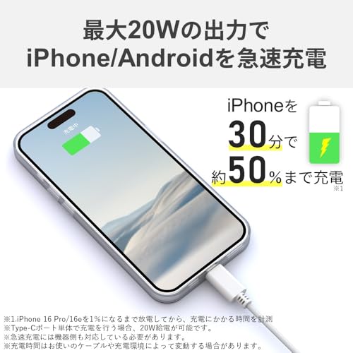 バッファロー 充電器 20W 2ポート USB-C & USB-A USB PD対応 急速充電 GaN 窒化ガリウム 折りたたみ式 コンパクト 携帯 コンセント プラグ PSE適合 【 iPhone 17 / 17e / 16 / 15 iPad Android 対応】 BSACPD2015C2WHの特徴・詳細 画像