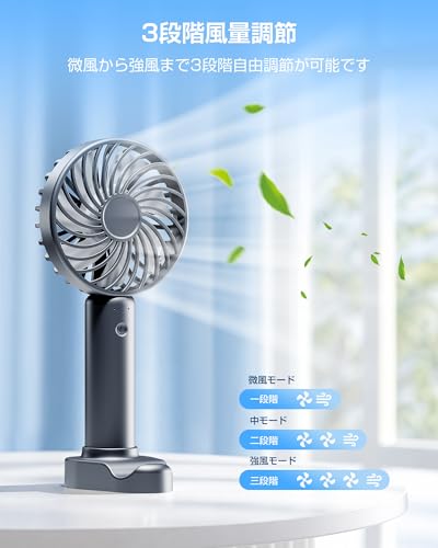 ハンディファン【2026革新モデル・超大風量・1台2役】携帯扇風機 手持ち/卓上 2way 7枚羽根 強力 軽量 小型 静音 3段階風量調節 USB充電式 Type-C対応 手持ち扇風機 ミニファン 熱中症対策 暑さ対策 ストラップ付き 持ち運び便利 通勤 通学 アウトドア オフィス ハイキング プレゼント(グレー)の特徴・詳細 画像