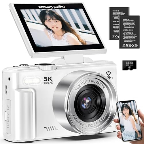 デジカメ 5K録画 7500万画素 スマホに送れる デジタルカメラ Wi-Fi機能 オートフォーカス 自撮り 18倍デジタルズーム 連続撮影 180度回転可能ディスプレイ 3.0インチスクリーン 16GBマイクロSDカード付き 1200mAh電池 軽量 携帯便利 Vlog 学生 初心者 修学旅行 コンパクト カメラ ホワイトの外観・全体像 画像