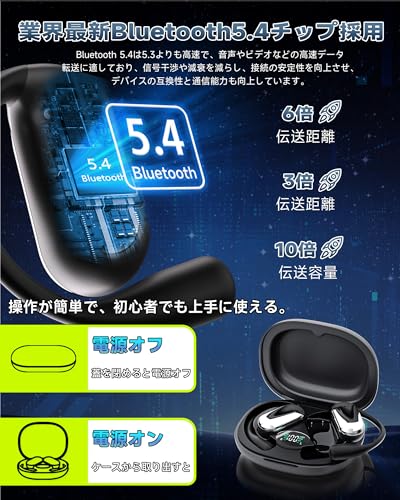 【2026業界新発想 オープンイヤー型 イヤホン】 イヤホン bluetooth 骨伝導イヤホン ワイヤレス充電 マイク付き 最大50時間再生 フィット感 耳を塞がない Type-C 急速充電 ぶるーとぅーす iPhone/Android/Pad適用 スポーツ/通勤/通学/WEB会議 iOS&Android対応 海外旅行 出張(黑)の特徴・詳細 画像