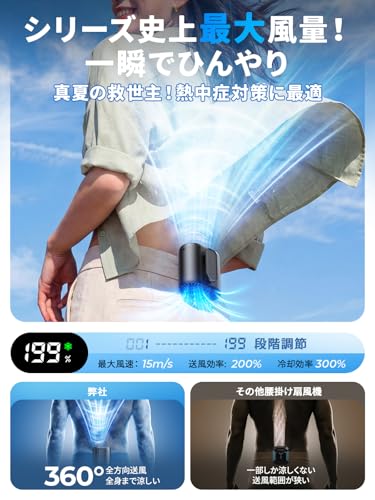 腰掛け扇風機 超高速暴風【業界最新型冷却プレート付き・-30℃瞬間冷却・10000mAh大容量】ベルトファン 1台多役 傘取り付け/首掛け/手持ち/卓上/腰掛け 携帯扇風機 199段階風力調節 腰掛けファン 最長72時間持続 LED表示 腰掛けエアコン 軽量 小型 持ち運び 静音 扇風機 熱中症対策 暑さ対策 通勤 通学 スポーツ観戦 農作業 花火大会 山登り 旅行用 ストラップ付きBlackの特徴・詳細 画像
