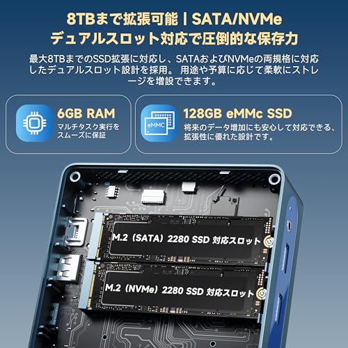 Bmax ミニpc 小型パソコン Intel J3355 最大2.5Hz【8TB SSD増設可能|SATA/NVMeデュアルスロット対応】mini pc Windows11 静音38dB 初心者向け 小型超軽量ミニパソコン|4K静音 高速熱放散|HDMI|BT5.0 ビジネス/在宅ワーク向け 企業用/業務用 (6GB+128GB 日本語版)の詳細・まとめ 画像