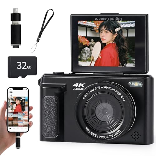 Fesaymi 4Kデジカメ スマホに送れる デジタルカメラ 6400万画素 3.0インチ 180度回転ディスプレイ 広角マクロレンズ 16倍デジタルズーム MicroSD対応 最大512GB 1000mAh大容量 フィルター機能付き コンパクト設計 日本語説明書付きの外観・全体像 画像