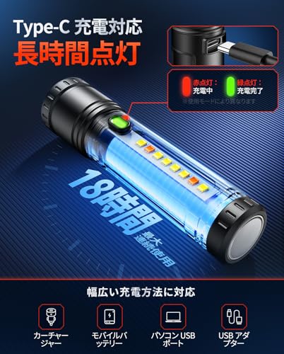 懐中電灯 強力【防災士監修・超高輝度・夜光 ライト】ハンドヘルドトーチ ledライト 大容量電池 実用点灯最大18時間 Type-C充電式 9モード調光 COB作業灯 IPX6防水 防衝撃 残量表示機能 可変ズーム コンパクト携帯 防災/屋外/登山/作業用/夜釣り/避難/停電対策の特徴・詳細 画像