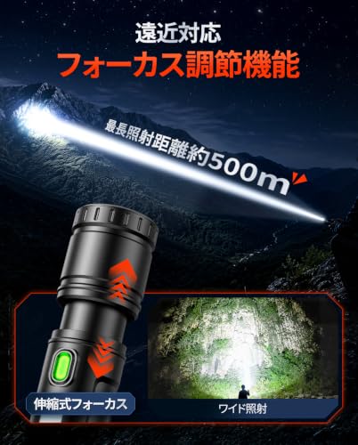 懐中電灯 強力【防災士監修・超高輝度・夜光 ライト】ハンドヘルドトーチ ledライト 大容量電池 実用点灯最大18時間 Type-C充電式 9モード調光 COB作業灯 IPX6防水 防衝撃 残量表示機能 可変ズーム コンパクト携帯 防災/屋外/登山/作業用/夜釣り/避難/停電対策の特徴・詳細 画像