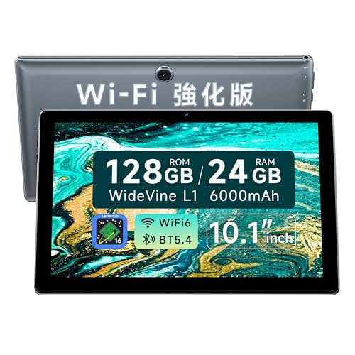 【タブレット 10インチ】Android16 強化版 Wi-Fi6 モデル タブレット、24GB+128GB+2TB拡張、2.0GHz高速CPU搭載、Wi-Fi6Bluetooth5.4、Type-C充電+6000mAh、WidevineL1/Netflix/YouTube対応、児童守護·無線投影、動画/電子書/マンガ見る 保護フイルム貼り済みの外観・全体像 画像