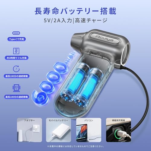Aculya Life充電式 電動エアダスター／ブロワー 最大風速52m/s・150,000RPM高速回転 3段階風量調整＆差込式ノズル3種 PSE認証済 Type-C充電 6000mAh大容量バッテリー 最大約100分連続使用 残量表示＆7重保護設計 240g超軽量 PC/キーボード/車内/家具/エアコン/洗車対応 収納ケース付きの特徴・詳細 画像