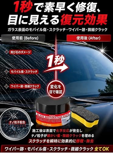 ガラスリペアキット【ナノレベル】ガラス補修・キズ直しクリーム フロントガラス リペアキット ガラス 傷消し 飛び石補修キット キズ修理 傷修復 自動車 バイク 洗車 劣化防止 簡単施工 30g+スポンジ付き 30g+スポンジ付き [並行輸入品]の特徴・詳細 画像